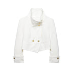 Women's Cropped Blazer with High Stand Collar, Double-Breasted Button Placket and Decorative Cuffs Fashion Glam