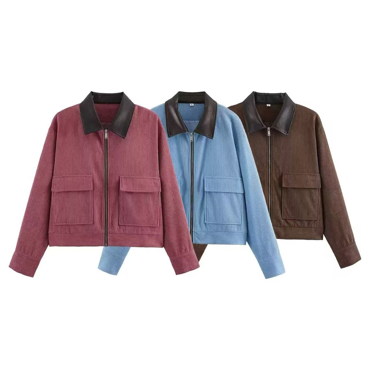 Women's short cord jacket with leather collar and flap pockets Fashion Glam