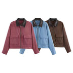 Women's cord jacket with contrast collar, zipper, and patch pockets Fashion Glam