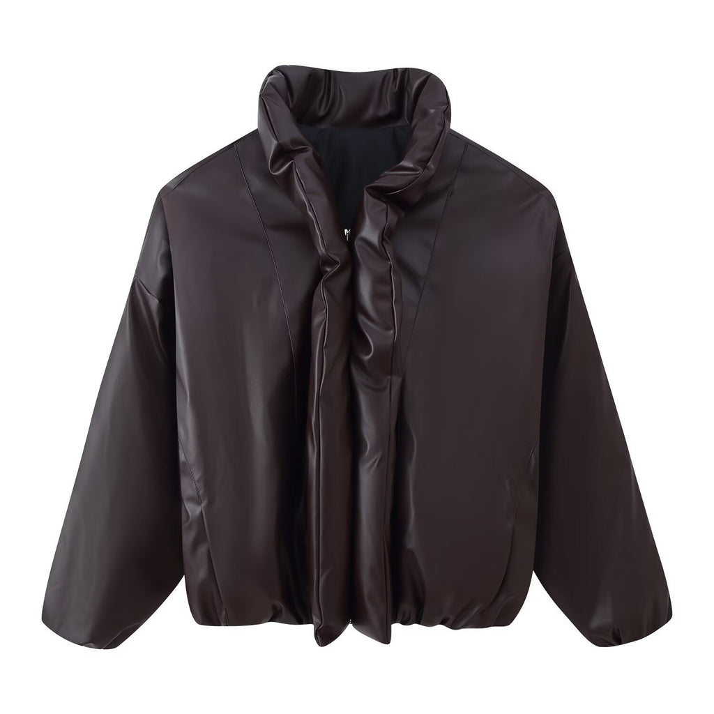 Women Oversized Faux Leather Blouson with Voluminous Stand Collar and Elastic Hem Fashion Glam