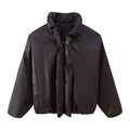 Women Oversized Faux Leather Blouson with Voluminous Stand Collar and Elastic Hem Fashion Glam