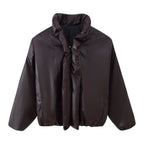 Women Oversized Faux Leather Blouson with Voluminous Stand Collar and Elastic Hem Fashion Glam