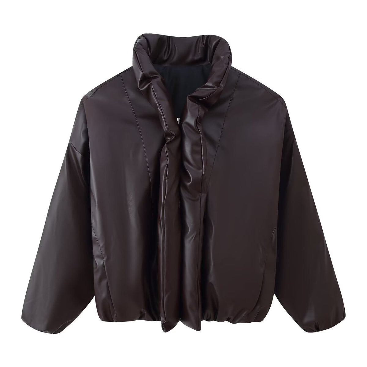 Women Oversized Faux Leather Blouson with Voluminous Stand Collar and Elastic Hem Fashion Glam