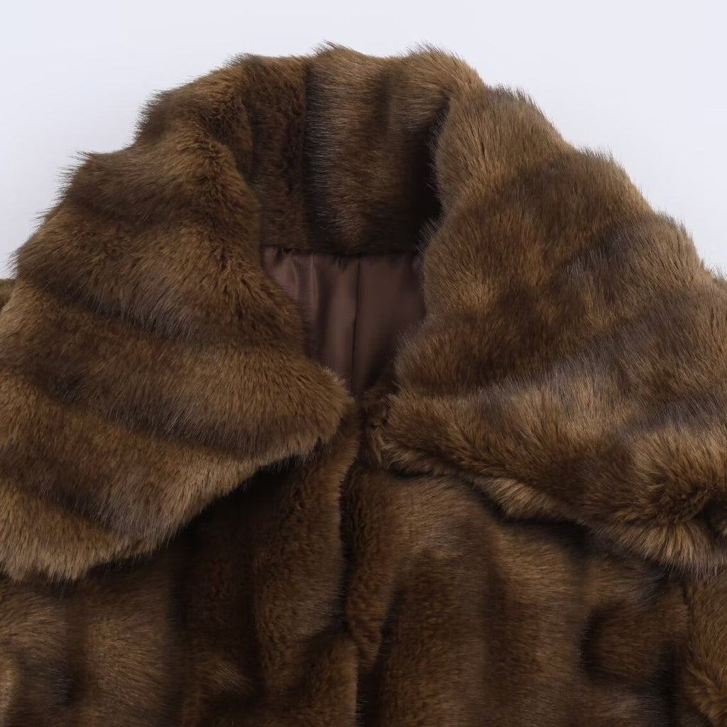 Women's Short Faux Fur Jacket with Voluminous Shawl Collar and Patch Pockets Fashion Glam