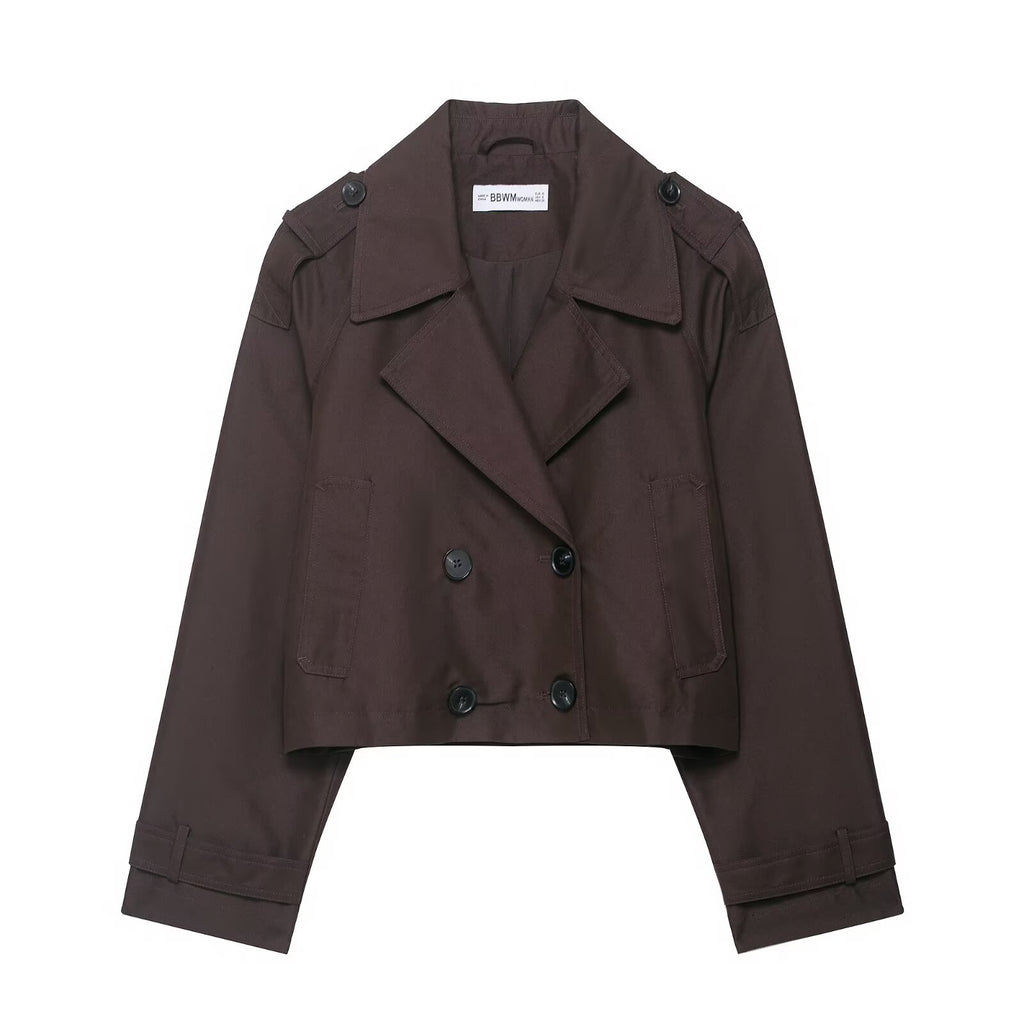 Women's Cropped Double-Breasted Trench Coat with Epaulettes, Wide Lapels and Adjustable Sleeve Straps Fashion Glam