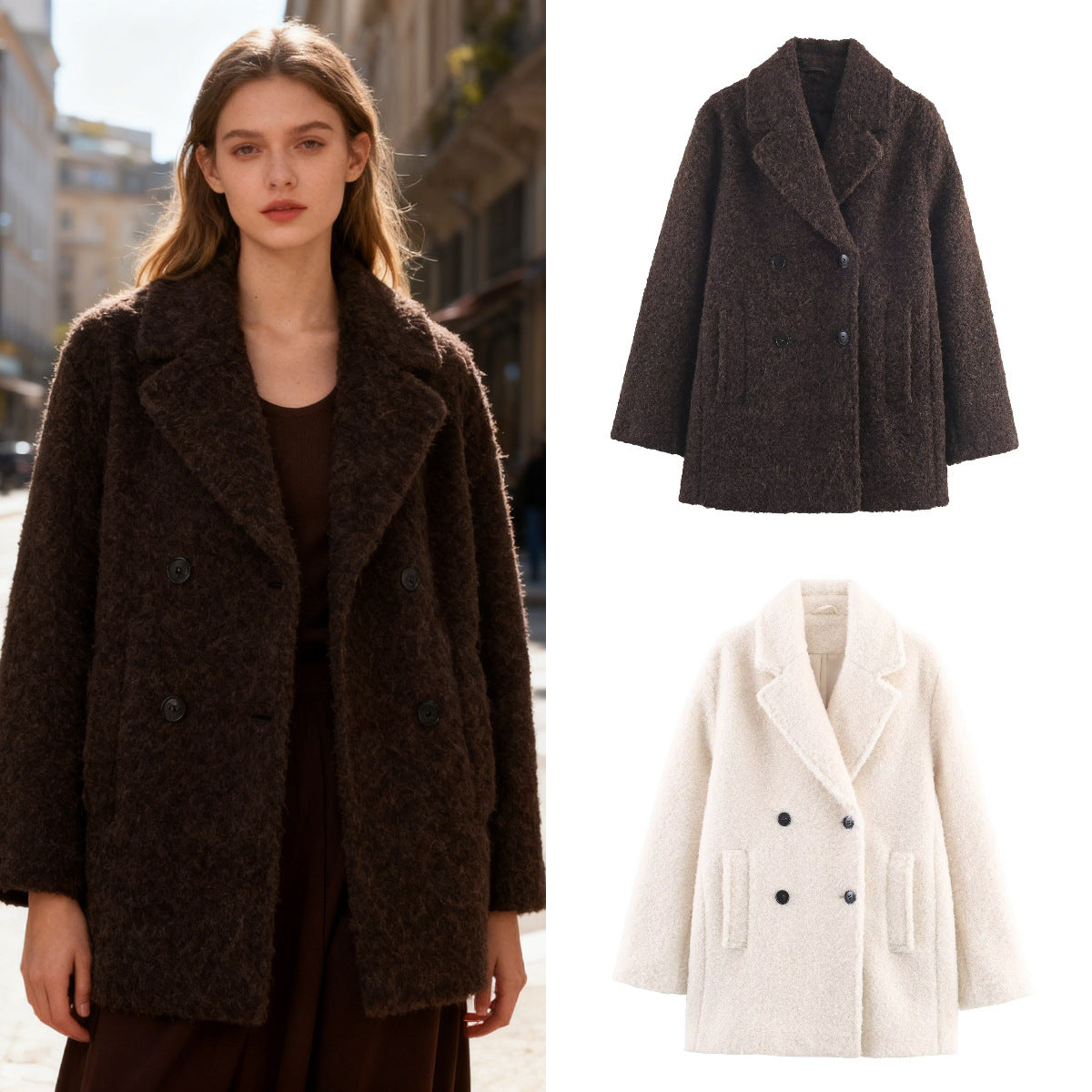 Ladies Double-Breasted Teddy Coat with Shawl Collar and Patch Pockets Fashion Glam