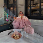 Women's short coat made of fluffy synthetic fur with voluminous shawl collar and boxy oversized silhouette Fashion Glam