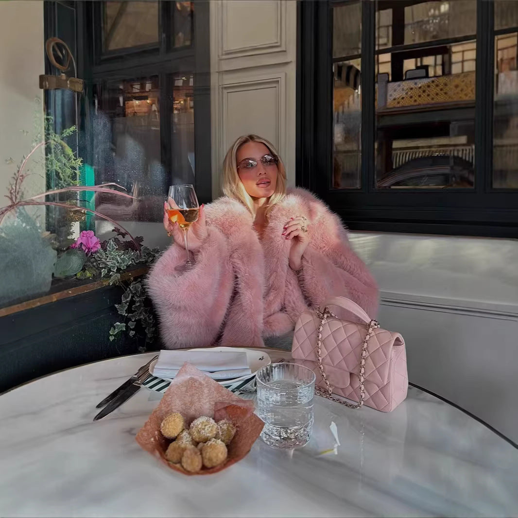 Women's short coat made of fluffy synthetic fur with voluminous shawl collar and boxy oversized silhouette Fashion Glam