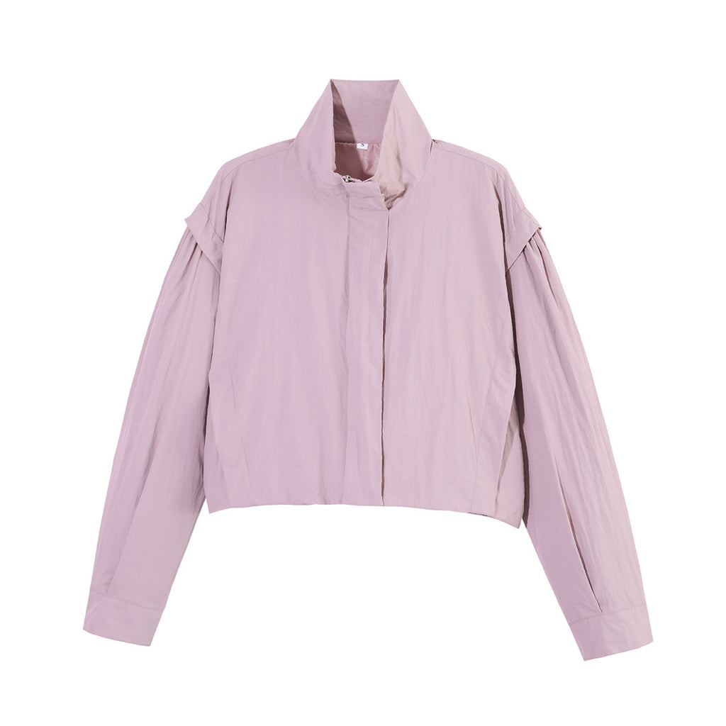 Women's Cropped Transition Jacket with Stand-Up Collar and Wide Raglan Sleeves Fashion Glam