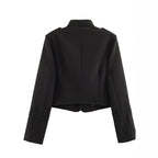 Women's Short Military-Style Blazer with Cord Decoration, Stand Collar and Decorative Frog Buttons Fashion Glam