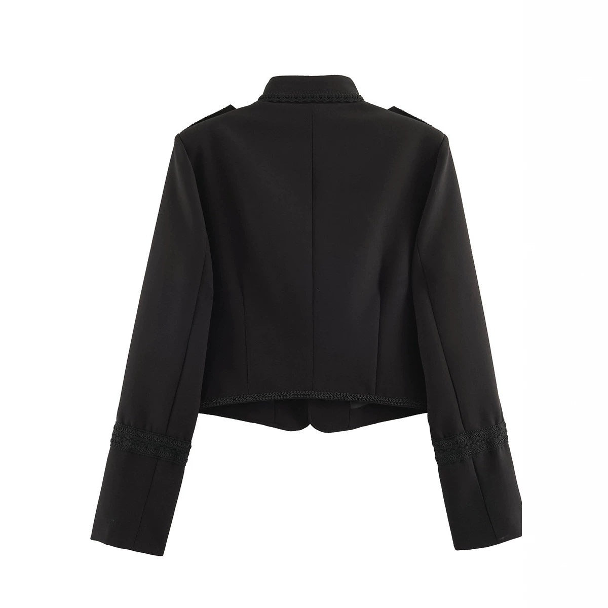 Women's Short Military-Style Blazer with Cord Decoration, Stand Collar and Decorative Frog Buttons Fashion Glam