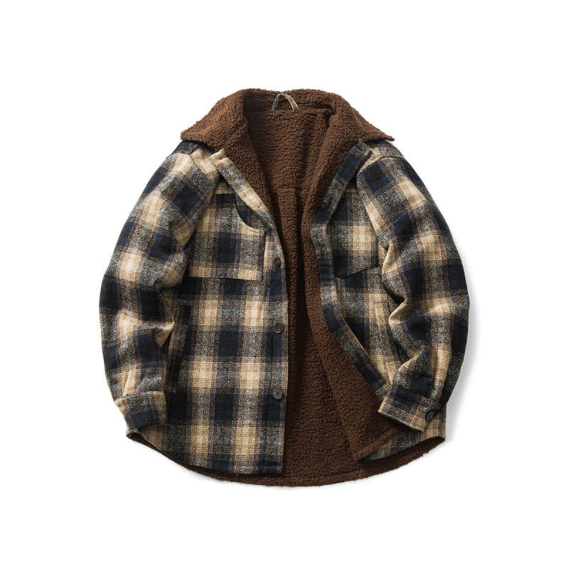 Unisex Checked Overshirt Jacket with Teddy Fleece Lining, Patch Chest Pockets and Shirt Collar Fashion Glam