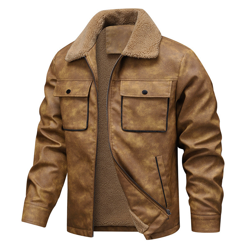 Men's vintage-inspired faux leather jacket with teddy lining and shirt collar Fashion Glam
