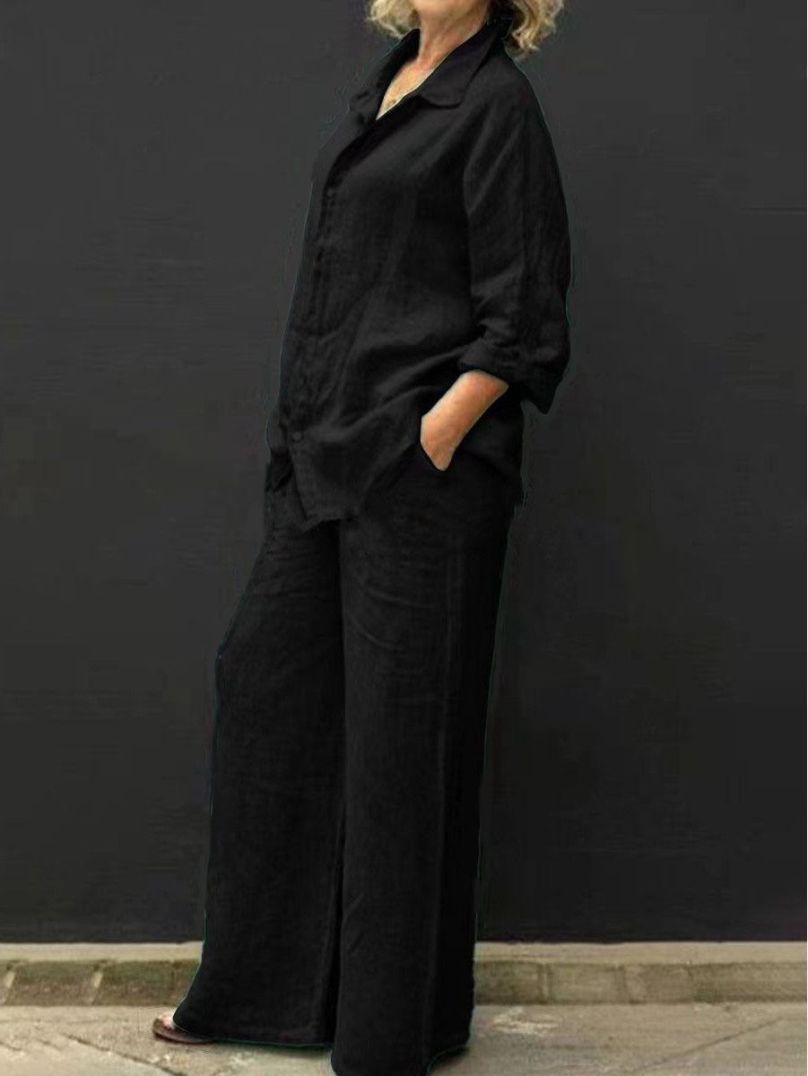 Women's Relaxed Linen Set with Oversized Shirt and Wide Palazzo Pants Fashion Glam