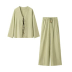 Ladies Lightweight Two-Piece Lounge Set with V-Neck and Loose Elastic Waist Pants Fashion Glam