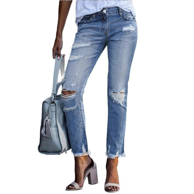Ladies Casual Cropped Jeans with Distressed Destroy Design, High Waist and Asymmetrical Fringed Hem Fashion Glam