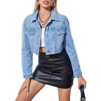 Women's short-cut denim jacket with stud embellishments and raw hem Fashion Glam