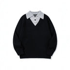 Unisex chunky knit boxy sweater with V-neck and contrasting polo button collar Fashion Glam
