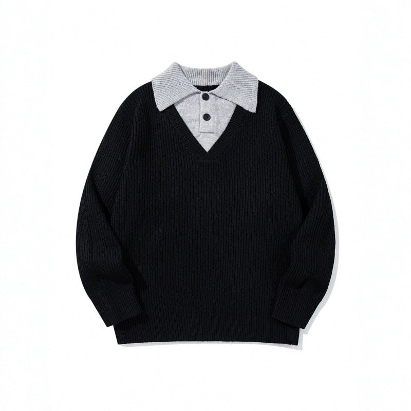 Unisex chunky knit boxy sweater with V-neck and contrasting polo button collar Fashion Glam