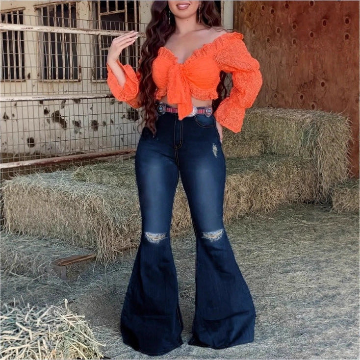 Women's High-Waisted Flared Jeans with Flared Leg, Knee Rips, and Figure-Enhancing Stretch Waistband Fashion Glam