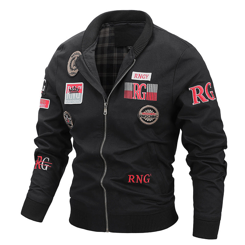 Men's Canvas Bomber Jacket with Vintage Patch Details and Ribbed Cuffs Fashion Glam