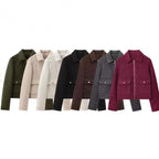 Women's short jacket in velour look with flap patch pockets and full-length zipper Fashion Glam