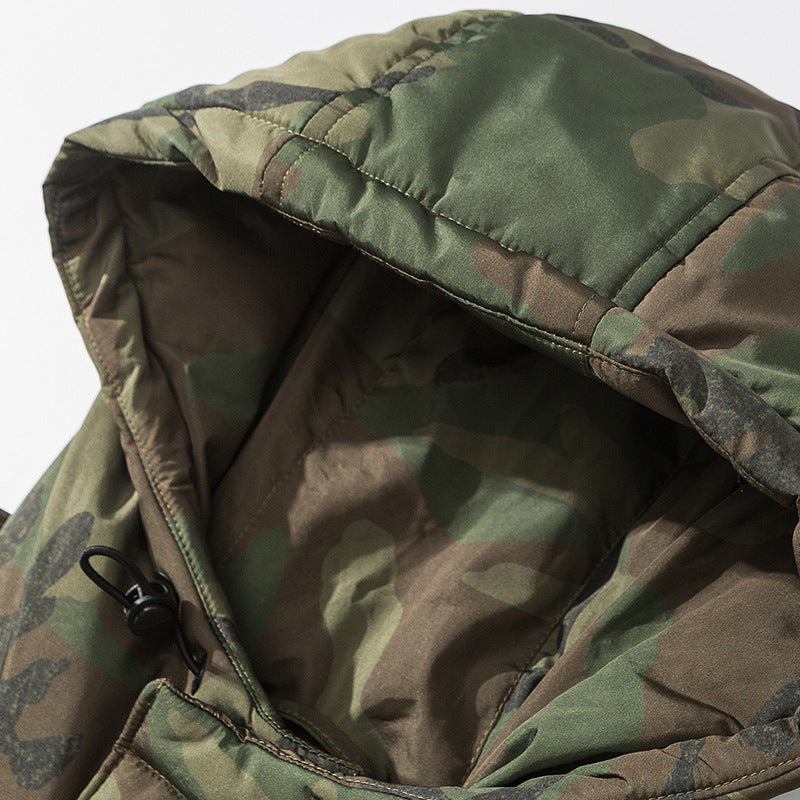 Unisex Boxy-Short-Puffer Jacket in Camouflage-Utility Style with Hood and Concealed Front Placket Fashion Glam