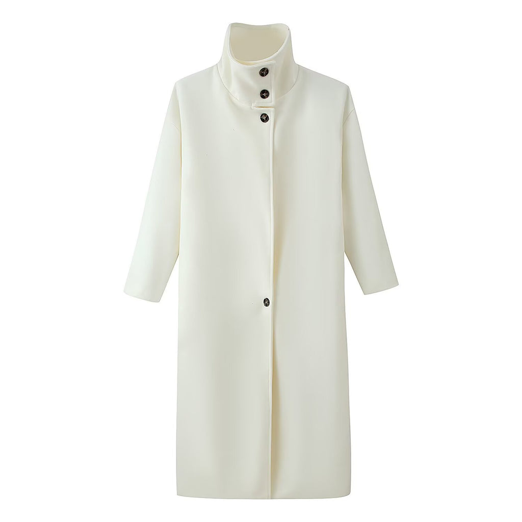 Women's Straight Midi-Length Coat with High Stand-Up Collar and Concealed Button Placket Fashion Glam