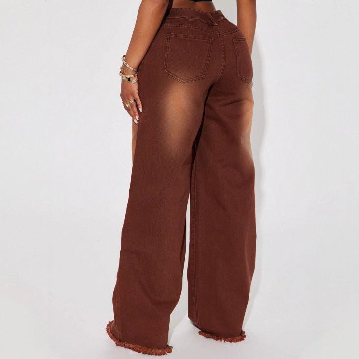 Women wide patchwork jeans with high waist and frayed hem Fashion Glam