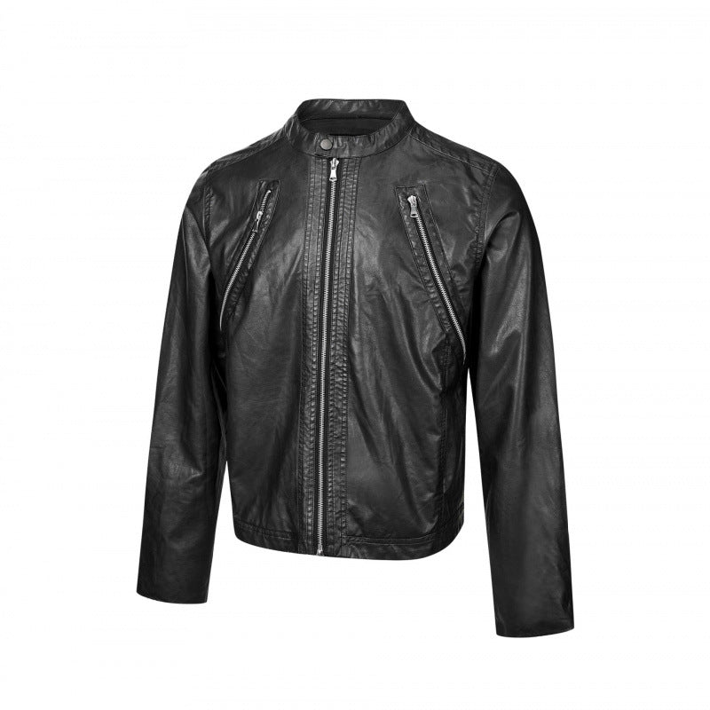 Men's leather jacket in biker style with stand-up collar and diagonal zipper pockets Fashion Glam