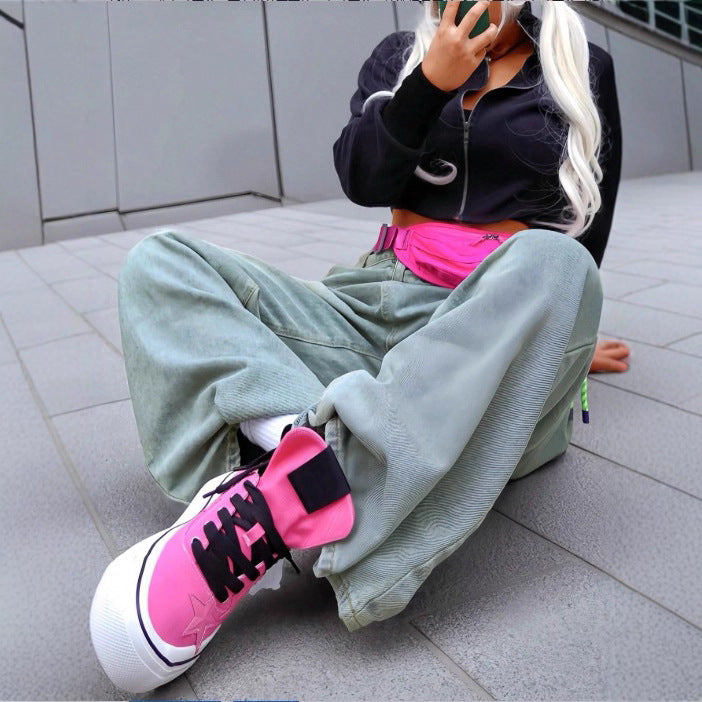 Women wide High-Waist Baggy Jeans with deep crotch and vintage wash Fashion Glam
