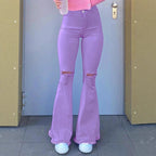 Women High-Rise Stretch Flared Jeans with Knee Rips, Flared Leg and Raw Hem Fashion Glam