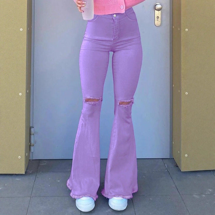 Women High-Rise Stretch Flared Jeans with Knee Rips, Flared Leg and Raw Hem Fashion Glam