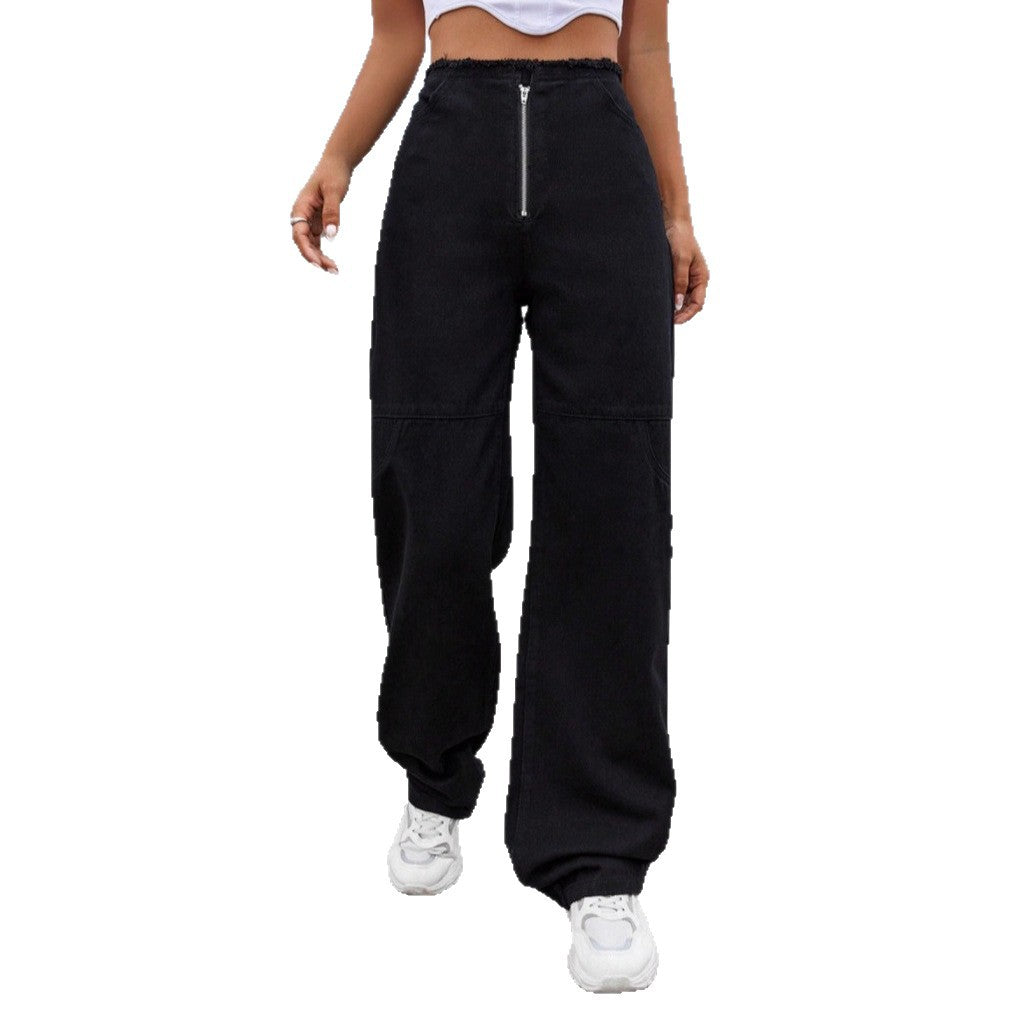 Women's High-Waisted Wide-Leg Jeans with Visible Front Zip, Knee Darts and Raw Hem Fashion Glam