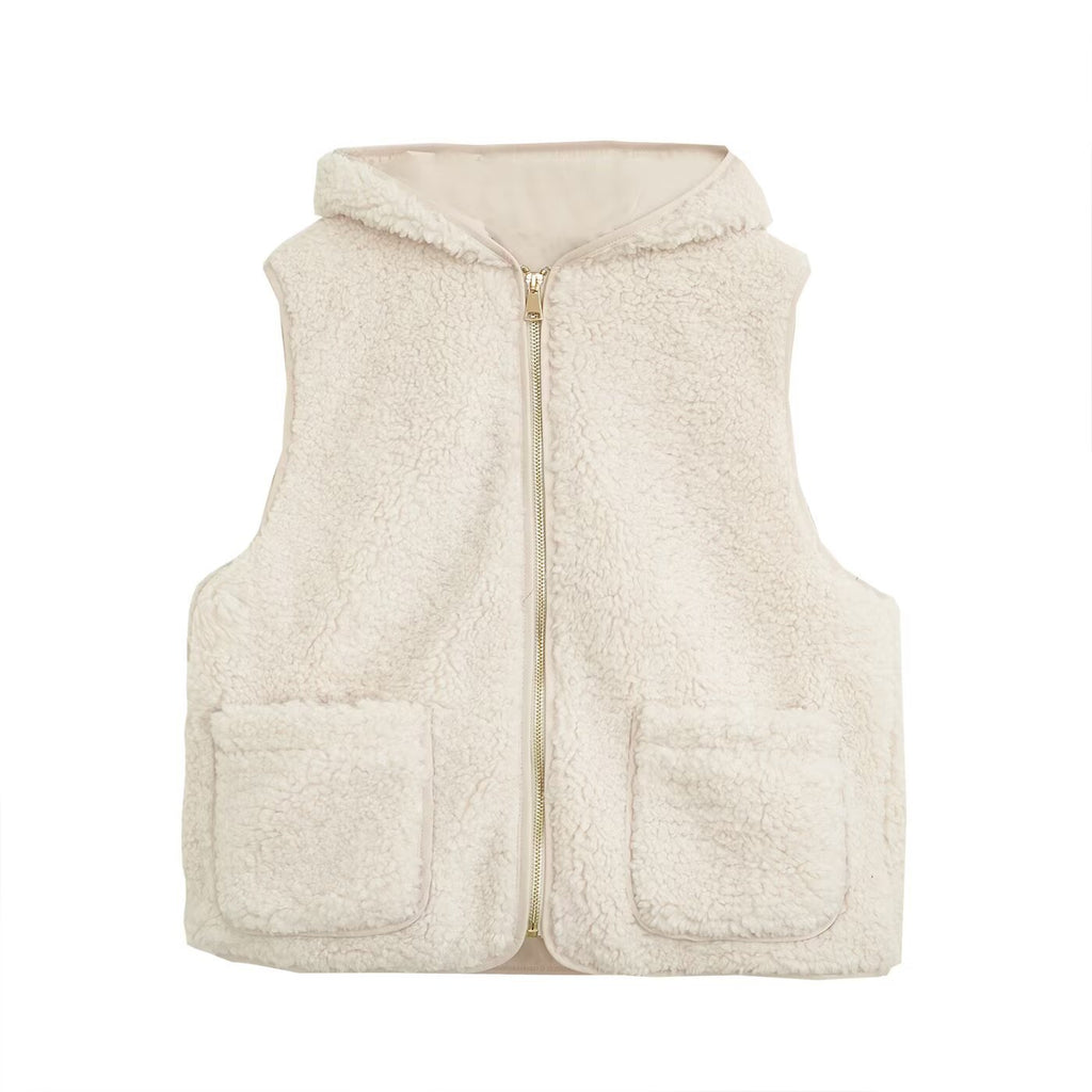 Women Padded Sherpa Vest with Hood, Zipper and Patch Pockets Fashion Glam