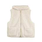 Women Padded Sherpa Vest with Hood, Zipper and Patch Pockets Fashion Glam