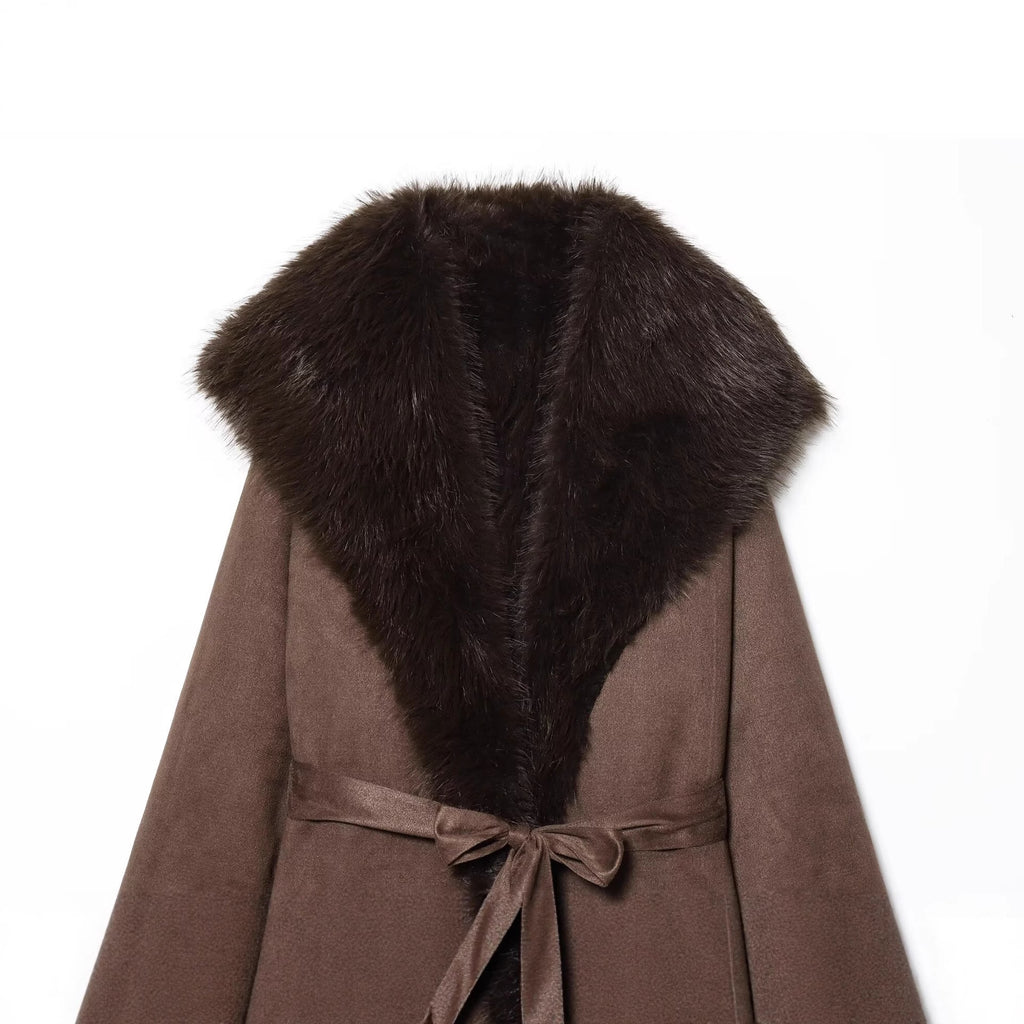 Women's Long Sheepskin Look Coat with Hood, Tie Belt and Faux Fur Trim Fashion Glam
