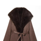 Women's Long Sheepskin Look Coat with Hood, Tie Belt and Faux Fur Trim Fashion Glam
