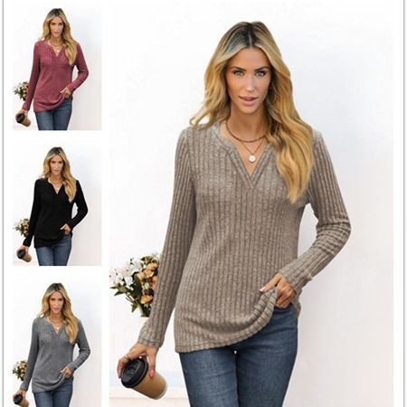 Ladies fine ribbed knit shirt with deep V-neck and tunic length Fashion Glam
