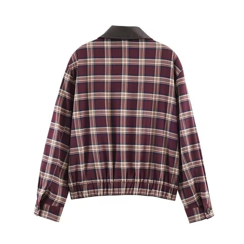 Women's Checked Blouson Jacket with Contrasting Leather Collar and Elastic Hem Fashion Glam
