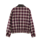 Women's Checked Blouson Jacket with Contrasting Leather Collar and Elastic Hem Fashion Glam