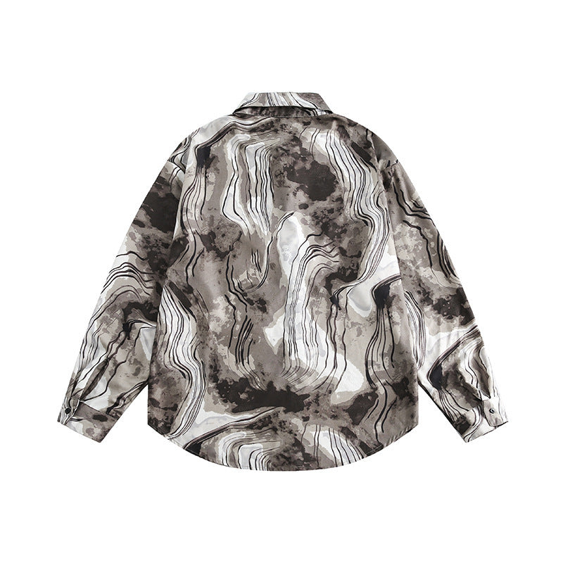 Unisex Boxy Overshirt Jacket with Marble Print and Traditional Toggle Closure Look Fashion Glam