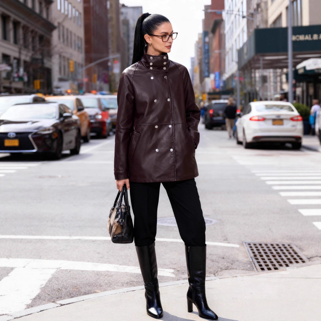 Women's Mid-Length Faux Leather Coat with High Stand-Up Collar and Double-Breasted Snap Buttons Fashion Glam