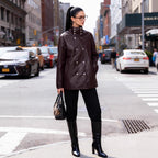 Women's Mid-Length Faux Leather Coat with High Stand-Up Collar and Double-Breasted Snap Buttons Fashion Glam
