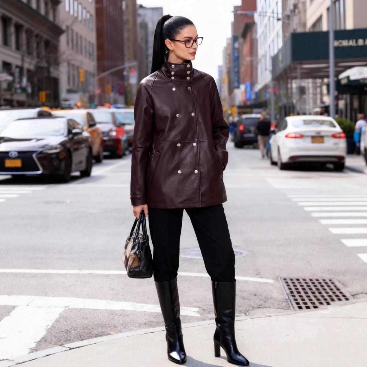 Women's Mid-Length Faux Leather Coat with High Stand-Up Collar and Double-Breasted Snap Buttons Fashion Glam