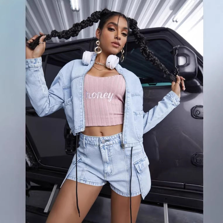 Women's short denim set with cropped jacket and cargo shorts Fashion Glam