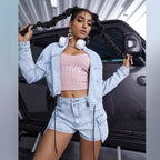 Women's short denim set with cropped jacket and cargo shorts Fashion Glam