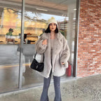 Women Short Fluffy Coat with Oversized Silhouette, Voluminous Shawl Collar and Medium Length Fashion Glam
