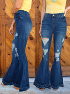 Women's Retro Flared Jeans with High Waist, Destroyed Details and Sculpting Stretch Waistband Fashion Glam