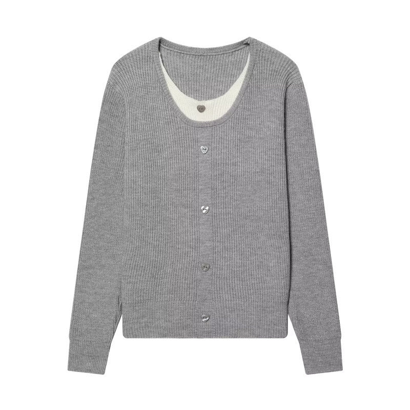 Women's two-layer fine knit cardigan with integrated under top and heart buttons Fashion Glam